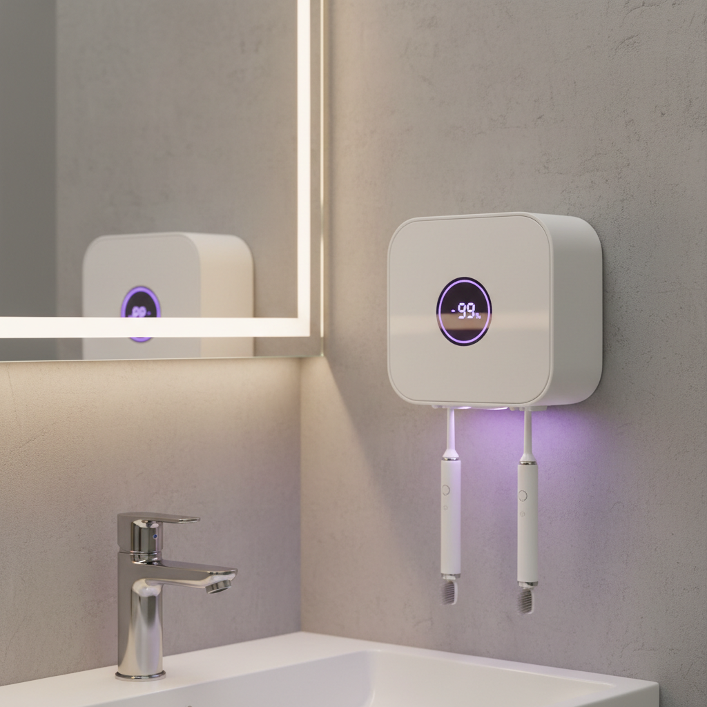 LuxeNest UV toothbrush sanitizer mounted in a modern minimalist bathroom with glowing UV light