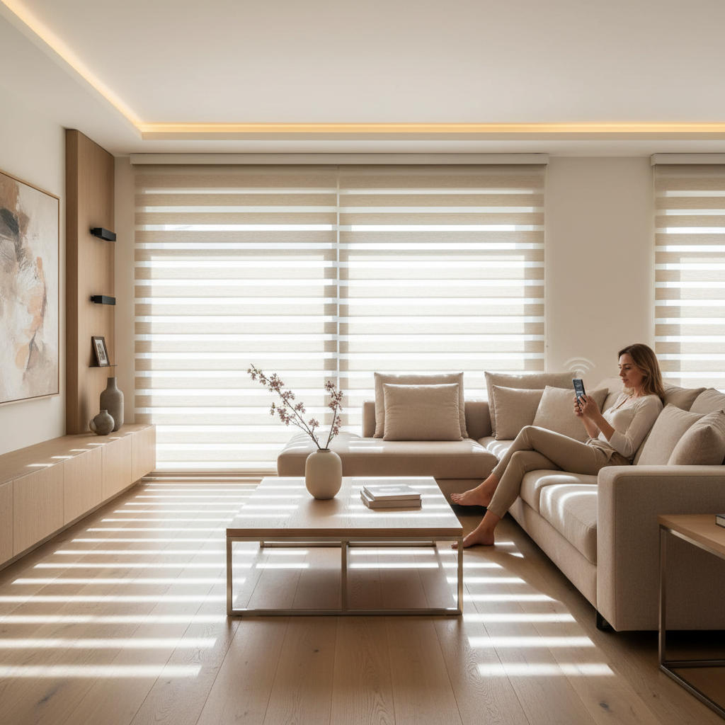 Luxury modern living room with LuxeNest Motorized Zebra Blinds filtering soft natural light